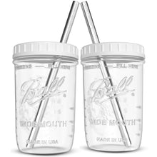 Load image into Gallery viewer, Reusable Wide Mouth Smoothie Cups Boba Tea Cups Bubble Tea Cups with Lids and Silver Straws Ball Mason Jars Glass Cups (2-pack, 16 oz mason jars) Brand Capsule Classic
