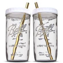 Load image into Gallery viewer, Reusable Wide Mouth Smoothie Cups Boba Tea Cups Bubble Tea Cups with Lids and Gold Straws Ball Mason Jars Glass Cups (2-pack, 24 oz mason jars)