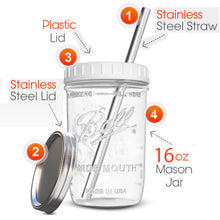 Load image into Gallery viewer, Reusable Wide Mouth Smoothie Cups Boba Tea Cups Bubble Tea Cups with Lids and Silver Straws Ball Mason Jars Glass Cups (2-pack, 16 oz mason jars) Brand Capsule Classic
