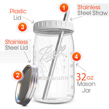 Load image into Gallery viewer, Reusable Wide Mouth Smoothie Cups Boba Tea Cups Bubble Tea Cups with Lids and Silver Straws Ball Mason Jars Glass Cups (2-pack, 32 oz mason jars) Brand Capsule Classic