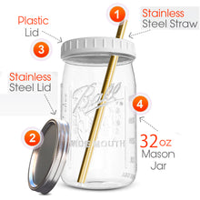 Load image into Gallery viewer, Reusable Wide Mouth Smoothie Cups Boba Tea Cups Bubble Tea Cups with Lids and Gold Straws Ball Mason Jars Glass Cups (2-pack, 32 oz mason jars) Brand Capsule Classic