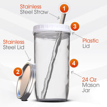 Load image into Gallery viewer, Reusable Boba Bubble Tea & Smoothie Cups - 2 Wide Mouth Smooth-Sided Jars 24oz with Leak Proof Lids - 2 Reusable Silver Stainless Steel Boba Straws Brand Capsule Classic