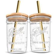 Load image into Gallery viewer, Reusable Boba Bubble Tea & Smoothie Cups - 2 Glass Wide Mouth 16oz Ball Mason Jars with Bamboo Lids - 2 Reusable Gold Stainless Steel Boba Straws Brand Capsule Classic
