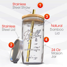 Load image into Gallery viewer, Reusable Boba Bubble Tea & Smoothie Cups - 2 Glass Wide Mouth 24oz Ball Mason Jars with Bamboo Lids - 2 Reusable Gold Stainless Steel Boba Straws Brand Capsule Classic