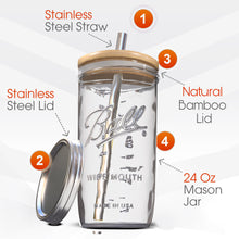 Load image into Gallery viewer, Reusable Boba Bubble Tea & Smoothie Cups - 2 Glass Wide Mouth 24oz Ball Mason Jars with Bamboo Lids - 2 Reusable Silver Stainless Steel Boba Straws Brand Capsule Classic