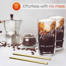 Load image into Gallery viewer, Reusable Wide Mouth Smoothie Cups Boba Tea Cups Bubble Tea Cups with Lids and Gold Straws Ball Mason Jars Glass Cups (2-pack, 24 oz mason jars)