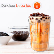 Load image into Gallery viewer, Reusable Boba Bubble Tea & Smoothie Cups - 2 Glass Wide Mouth 16oz Ball Mason Jars with Bamboo Lids - 2 Reusable Silver Stainless Steel Boba Straws Brand Capsule Classic