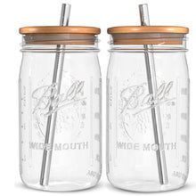 Load image into Gallery viewer, Roll over image to zoom in        Reusable Boba Bubble Tea &amp; Smoothie Cups - 2 Glass Wide Mouth 32 oz Ball Mason Jars with Bamboo Lids - 2 Reusable Silver Stainless Steel Boba Straws Brand Capsule Classic
