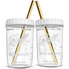Load image into Gallery viewer, Reusable Wide Mouth Smoothie Cups Boba Tea Cups Bubble Tea Cups with Lids and Gold Straws Ball Mason Jars Glass Cups (2-pack, 16 oz mason jars) Brand Capsule Classic
