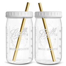 Load image into Gallery viewer, Reusable Wide Mouth Smoothie Cups Boba Tea Cups Bubble Tea Cups with Lids and Gold Straws Ball Mason Jars Glass Cups (2-pack, 32 oz mason jars) Brand Capsule Classic
