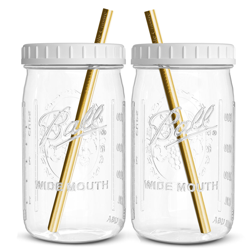 Reusable Wide Mouth Smoothie Cups Boba Tea Cups Bubble Tea Cups with Lids and Gold Straws Ball Mason Jars Glass Cups (2-pack, 32 oz mason jars) Brand Capsule Classic