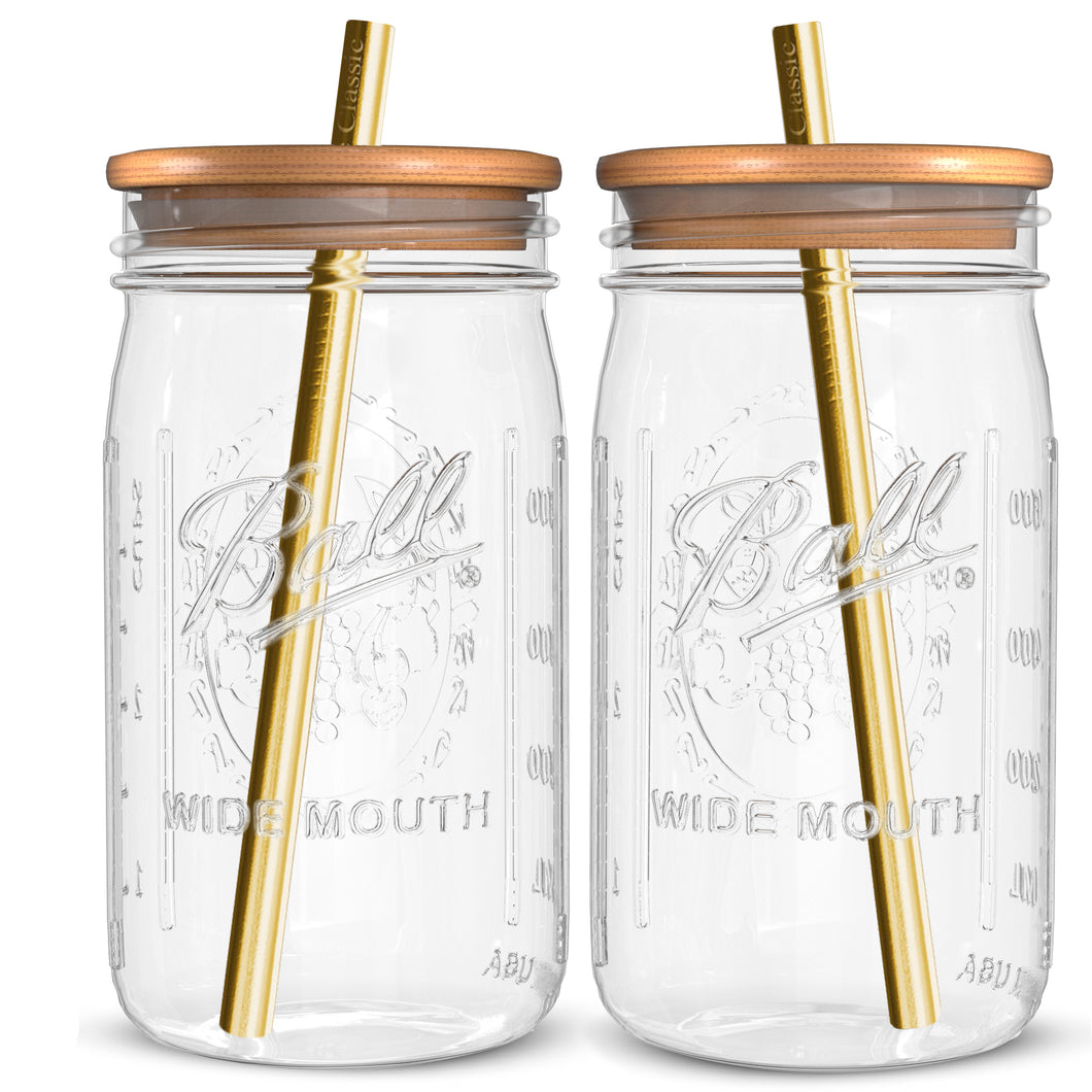 Mason Jar Drinking Glass with Reusable Bamboo Lid & Stainless Steel Straw -  16 oz