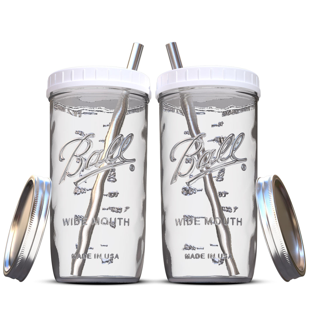 Reusable Wide Mouth Smoothie Cups Boba Tea Cups Bubble Tea Cups with Lids and Silver Straws Ball Mason Jars Glass Cups (2-pack, 24 oz mason jars)