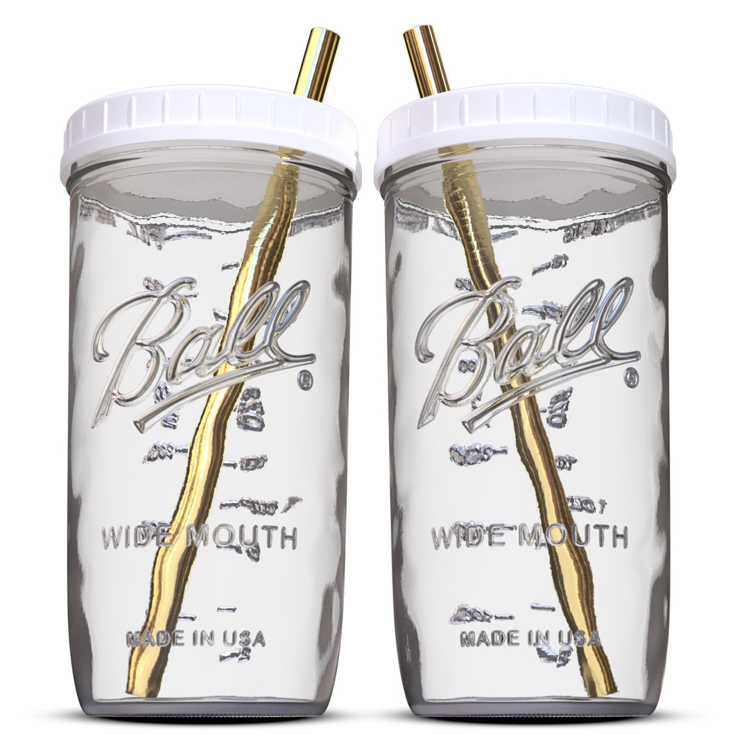 Reusable Wide Mouth Smoothie Cups Boba Tea Cups Bubble Tea Cups with Lids and Gold Straws Ball Mason Jars Glass Cups (2-pack, 24 oz mason jars)