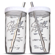 Load image into Gallery viewer, Reusable Wide Mouth Smoothie Cups Boba Tea Cups Bubble Tea Cups with Lids and Silver Straws Ball Mason Jars Glass Cups (2-pack, 24 oz mason jars)
