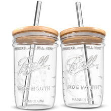 Load image into Gallery viewer, Reusable Boba Bubble Tea &amp; Smoothie Cups - 2 Glass Wide Mouth 16oz Ball Mason Jars with Bamboo Lids - 2 Reusable Silver Stainless Steel Boba Straws Brand Capsule Classic
