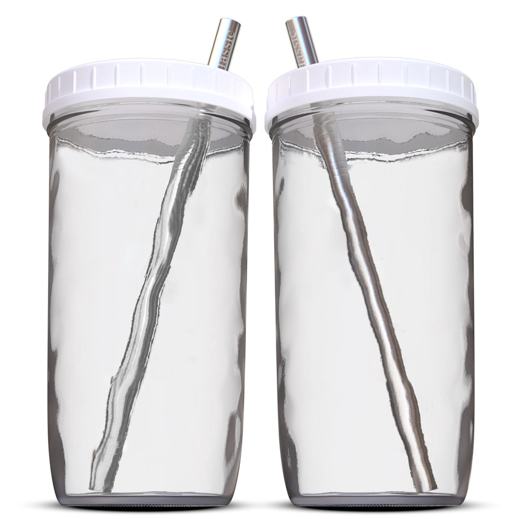 Reusable Boba Bubble Tea & Smoothie Cups - 2 Wide Mouth Smooth-Sided Jars 24oz with Leak Proof Lids - 2 Reusable Silver Stainless Steel Boba Straws Brand Capsule Classic