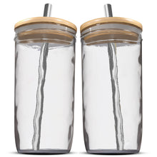 Load image into Gallery viewer, Reusable Boba Bubble Tea &amp; Smoothie Cups - 2 Wide Mouth Smooth-Sided Jars 24oz with Bamboo Lids - 2 Reusable Silver Stainless Steel Boba Straw
