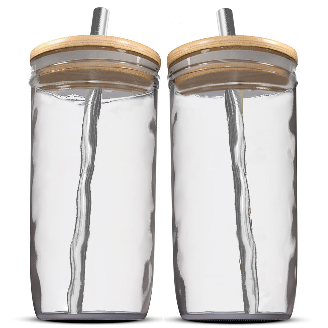 Reusable Boba Bubble Tea & Smoothie Cups - 2 Wide Mouth Smooth-Sided Jars 24oz with Bamboo Lids - 2 Reusable Silver Stainless Steel Boba Straw