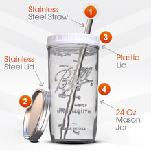 Load image into Gallery viewer, Reusable Wide Mouth Smoothie Cups Boba Tea Cups Bubble Tea Cups with Lids and Silver Straws Ball Mason Jars Glass Cups (2-pack, 24 oz mason jars)
