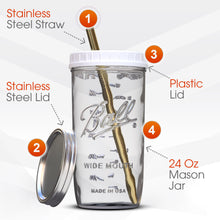 Load image into Gallery viewer, Reusable Wide Mouth Smoothie Cups Boba Tea Cups Bubble Tea Cups with Lids and Gold Straws Ball Mason Jars Glass Cups (2-pack, 24 oz mason jars)
