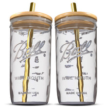 Load image into Gallery viewer, Reusable Boba Bubble Tea &amp; Smoothie Cups - 2 Glass Wide Mouth 24oz Ball Mason Jars with Bamboo Lids - 2 Reusable Gold Stainless Steel Boba Straws Brand Capsule Classic

