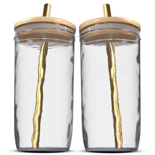 Load image into Gallery viewer, Reusable Boba Bubble Tea &amp; Smoothie Cups - 2 Wide Mouth Smooth-Sided Jars 24oz with Bamboo Lids - 2 Reusable Gold Stainless Steel Boba Straws
