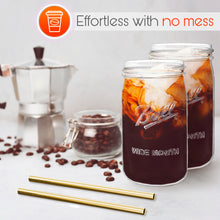 Load image into Gallery viewer, Reusable Boba Bubble Tea &amp; Smoothie Cups - 2 Glass Wide Mouth 32oz Ball Mason Jars with Bamboo Lids - 2 Reusable Gold Stainless Steel Boba Straws Brand Capsule Classic
