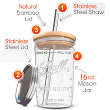 Load image into Gallery viewer, Reusable Boba Bubble Tea &amp; Smoothie Cups - 2 Glass Wide Mouth 16oz Ball Mason Jars with Bamboo Lids - 2 Reusable Silver Stainless Steel Boba Straws Brand Capsule Classic
