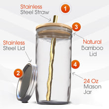 Load image into Gallery viewer, Reusable Boba Bubble Tea &amp; Smoothie Cups - 2 Wide Mouth Smooth-Sided Jars 24oz with Bamboo Lids - 2 Reusable Gold Stainless Steel Boba Straws
