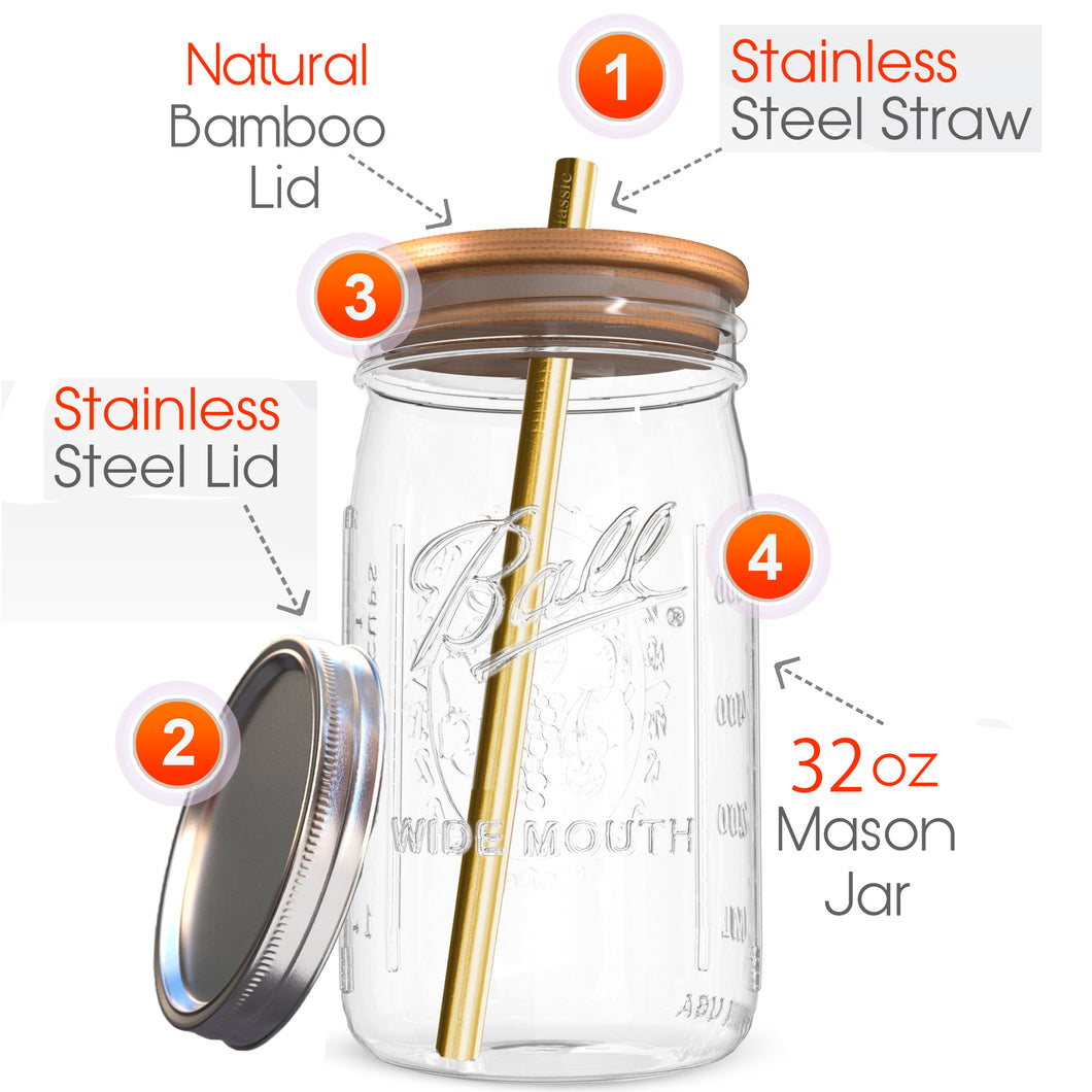 Reusable Boba Bubble Tea & Smoothie Cups - 2 Glass Wide Mouth 32oz Ball Mason Jars with Bamboo Lids - 2 Reusable Gold Stainless Steel Boba Straws Brand Capsule Classic
