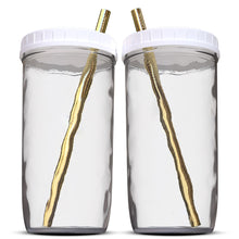 Load image into Gallery viewer, Reusable Boba Bubble Tea &amp; Smoothie Cups - 2 Wide Mouth Smooth-Sided Jars 24oz with Leak Proof Lids - 2 Reusable Gold Stainless Steel Boba Straws Brand Capsule Classic
