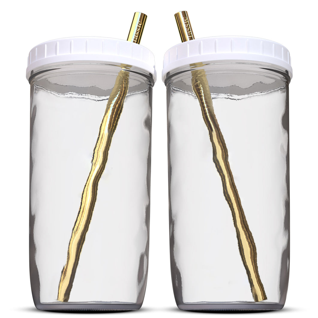 Reusable Boba Bubble Tea & Smoothie Cups - 2 Wide Mouth Smooth-Sided Jars 24oz with Leak Proof Lids - 2 Reusable Gold Stainless Steel Boba Straws Brand Capsule Classic