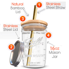 Load image into Gallery viewer, Reusable Boba Bubble Tea &amp; Smoothie Cups - 2 Glass Wide Mouth 16oz Ball Mason Jars with Bamboo Lids - 2 Reusable Gold Stainless Steel Boba Straws Brand Capsule Classic
