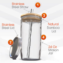 Load image into Gallery viewer, Reusable Boba Bubble Tea &amp; Smoothie Cups - 2 Wide Mouth Smooth-Sided Jars 24oz with Bamboo Lids - 2 Reusable Silver Stainless Steel Boba Straw
