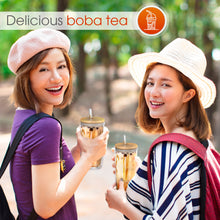Load image into Gallery viewer, Reusable Boba Bubble Tea &amp; Smoothie Cups - 2 Wide Mouth Smooth-Sided Jars 24oz with Bamboo Lids - 2 Reusable Silver Stainless Steel Boba Straw

