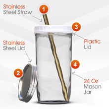 Load image into Gallery viewer, Reusable Boba Bubble Tea &amp; Smoothie Cups - 2 Wide Mouth Smooth-Sided Jars 24oz with Leak Proof Lids - 2 Reusable Gold Stainless Steel Boba Straws Brand Capsule Classic
