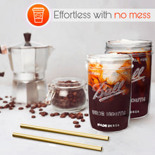 Load image into Gallery viewer, Reusable Boba Bubble Tea &amp; Smoothie Cups - 2 Glass Wide Mouth 16oz Ball Mason Jars with Bamboo Lids - 2 Reusable Gold Stainless Steel Boba Straws Brand Capsule Classic
