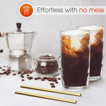 Load image into Gallery viewer, Reusable Boba Bubble Tea &amp; Smoothie Cups - 2 Wide Mouth Smooth-Sided Jars 24oz with Leak Proof Lids - 2 Reusable Gold Stainless Steel Boba Straws Brand Capsule Classic
