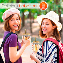 Load image into Gallery viewer, Reusable Boba Bubble Tea &amp; Smoothie Cups - 2 Glass Wide Mouth 16oz Ball Mason Jars with Bamboo Lids - 2 Reusable Gold Stainless Steel Boba Straws Brand Capsule Classic
