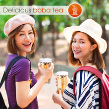 Load image into Gallery viewer, Reusable Boba Bubble Tea &amp; Smoothie Cups - 2 Wide Mouth Smooth-Sided Jars 24oz with Leak Proof Lids - 2 Reusable Gold Stainless Steel Boba Straws Brand Capsule Classic
